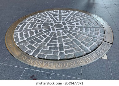 Boston, MA, USA, 9.11.21 - The Landmark Indicating The Site Of The Boston Massacre. The Round Land Mark Is Made Of Bricks And Reads The Date Of The Tragic, Historical Event.