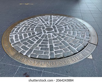 Boston, MA, USA, 9.11.21 - The Landmark Indicating The Site Of The Boston Massacre. The Round Land Mark Is Made Of Bricks And Reads The Date Of The Tragic, Historical Event.