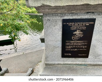 Boston, MA, USA, 9.14.21 - A Plaque Attached To The Bridge At The Boston Public Park. It Commemorates Lt. Michael Patrick Quinn, A Veteran That Spent His Summers Working The  Historical Swan Boats.