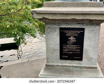 Boston, MA, USA, 9.14.21 - A Plaque Attached To The Bridge At The Boston Public Park. It Commemorates Lt. Michael Patrick Quinn, A Veteran That Spent His Summers Working The  Historical Swan Boats.