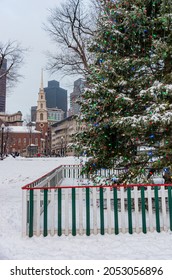 Boston, MA, USA - Dec 17, 2016: Christmas Tree At The Square In Boston, MA, USA