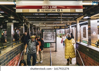 Boston, MA, USA - Dec 23 2019 - Passengers In Boston MBTA Red Line Park Street Station