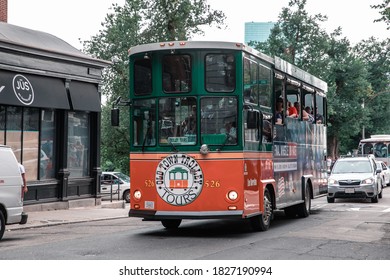BOSTON, MA, USA - JULY 11, 2019: Boston Old Town Trolley Tours in downtown in Boston, Massachusetts, USA.