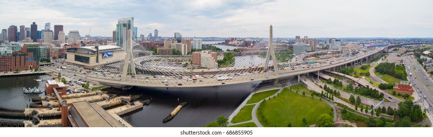 BOSTON, MA, USA - JUNE 29, 2017: Aerial image Leonard P Zakim Bunker Hill Memorial Bridge