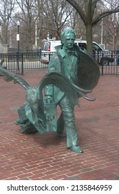 Boston MA USA  March 16 2016 A Statue Of Edgar Allen Poe And A Raven