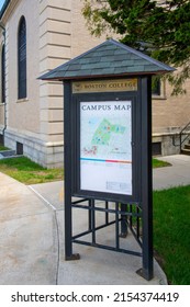 BOSTON, MA, USA - MAY 6, 2021: Sign and campus map in Boston College Brighton Campus, Brighton, city of Boston, Massachusetts MA, USA. 