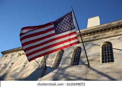 Boston, MA / USA - November 30 2012: USA Flag In The Harvard Yard