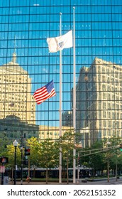 Boston, MA, USA - September 11, 2016: Flag Of The USA Outside Building In Boston, USA