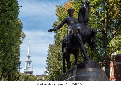 Boston, MA, USA - September 22, 2019: Paul Revere Statue Riding through Boston