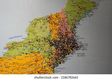 Boston, Massachusetts -2022: Map Of New England, United States With Pins. Clustered Around Massachusetts. Northeast Megalopolis Most Populous Area In The United States. Selective Focus.