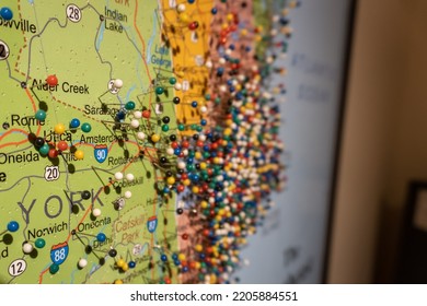 Boston, Massachusetts -2022: Map Of New England, United States With Pins. Clustered Around Massachusetts. Northeast Megalopolis Most Populous Area In The United States. Selective Focus.