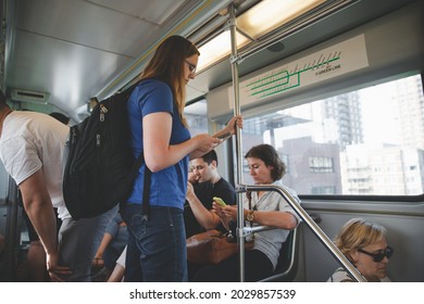 Boston, Massachusetts - July 15, 2019 : Passenger In Green Line Subway In Boston, USA.