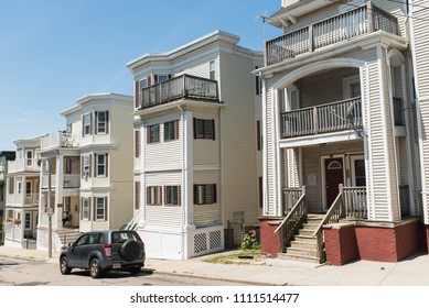 BOSTON, MASSACHUSETTS - JUNE 12, 2018: Street View Of Condos And Triple Deckers In The Savin Hill Neighborhood Of Boston Where The Real Estate Market Is Growing Rapidly.