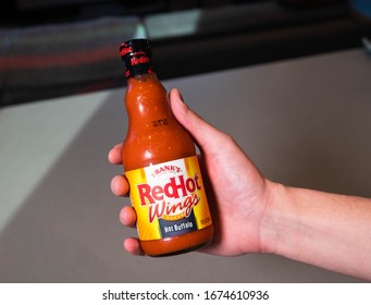 BOSTON, MASSACHUSETTS - MARCH 8, 2020: Frank's Red Hot Wings Spicy Hot Sauce For Chicken, Meat, And Other Meals.