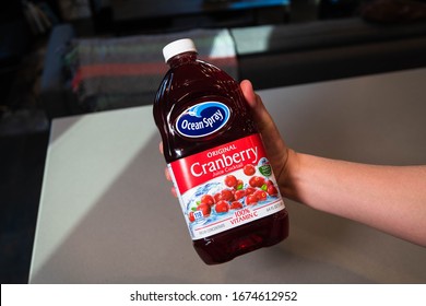 BOSTON, MASSACHUSETTS - MARCH 8, 2020: Ocean Spray Cranberry Juice Cocktail Large Family Size Drink.