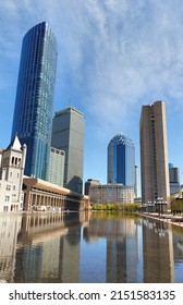Boston, Massachusetts - May 1, 2022: Boston skyline showing the financial district on a sunny day., Boston MA USA.