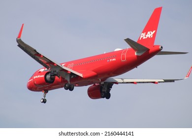 Boston, Massachusetts – May 20, 2022: Play Airlines A321neo airplane at Boston Logan Airport (BOS) in the United States. Airbus is an European aircraft manufacturer based in Toulouse, France.
