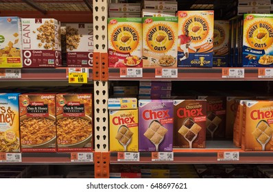 BOSTON, MASSACHUSETTS - MAY 22, 2017: Inside The Wegman's Grocery Store Cereal Aisle With Various Cereal Brands On The Shelves. Gluten Free Options At The Supermarket Or Grocery Store.