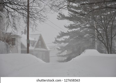 A Boston, Massachusetts Neighborhood Buried In Snow During Winter Storm Nemo In February 2013