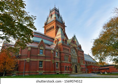 Boston Massachusetts - November 9, 2019: Sanders Theatre and Memorial Hall on campus of Harvard University at sunrise. Harvard University is a private Ivy League research university in Cambridge, MA.