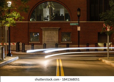 Boston, Massachusetts, Oct 24, 2020 Courthouse Street In The Seaport District With Traffic.