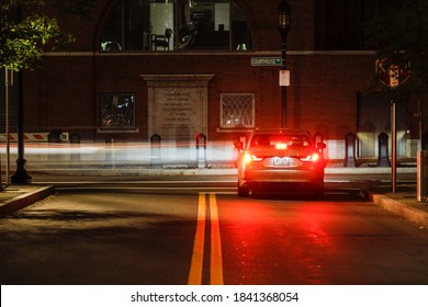 Boston, Massachusetts, Oct 24, 2020 Courthouse Street In The Seaport District With Traffic.