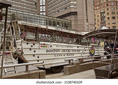 Boston, Massachusetts - October 3rd, 2019:  Boston Duck Tour Boat Near Copley Place In The Back Bay Neighborhood Of Boston.  