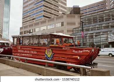 Boston, Massachusetts - October 3rd, 2019:  Boston Duck Tour Boat Near Copley Place In The Back Bay Neighborhood Of Boston.  