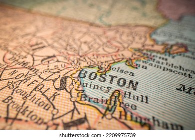 Boston, Massachusetts, On A Vintage Map, Closeup With A Selective Focus