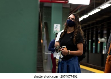 Boston, Massachusetts - September 17, 2021: People Wait For The Train On The Boston Transit System. 