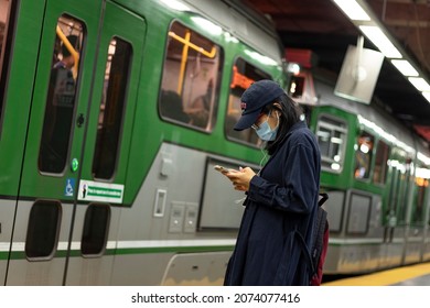 Boston, Massachusetts - September 17, 2021: People Wait For The Train On The Boston Transit System. 