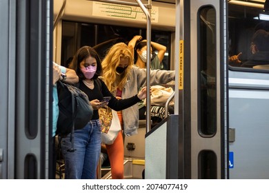 Boston, Massachusetts - September 17, 2021: People Wait For The Train On The Boston Transit System. 