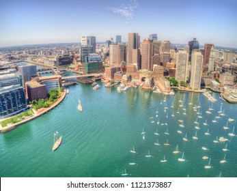 Boston, Massachusetts Skyline From Above By Drone During Summer Time