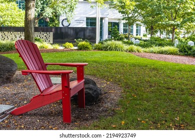 Boston, Massachusetts, USA. 09-21-2021. A Huge Red Wooden Chair On The Campus Of Northeastern University