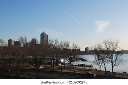 Boston, Massachusetts, U.S.A - 21 March, 2021: Longfellow Bridge has the best sunset view of Charles River in Boston downtown area.