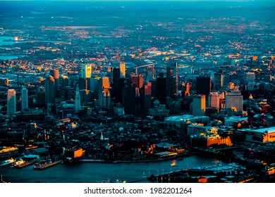 Boston, Massachusetts ,USA - April 2018: Aerial view of Boston skyline at  winter ,Massachusetts, USA