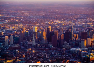Boston, Massachusetts ,USA - April 2018: Aerial view of Boston skyline at winter ,Massachusetts, USA