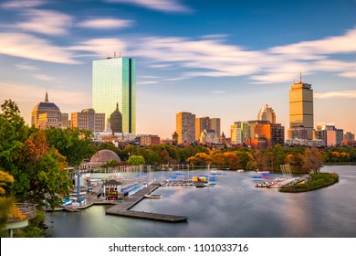 Boston, Massachusetts, USA city skyline on the river.