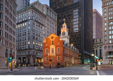 Boston, Massachusetts, USA Cityscape At The Old State House At Dusk.