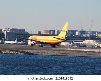 Boston, Massachusetts, USA- December 27, 2020: DHL Boeing 767 Freighter was widely used on domestic cargo route to Boston Airport. 