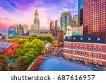Boston, Massachusetts, USA historic skyline at dusk.