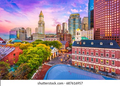 Boston, Massachusetts, USA historic skyline at dusk.