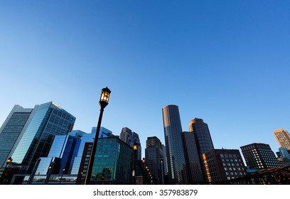 Boston, Massachusetts, USA - January 3, 2016: Boston Skyline Showing Financial District at Sunset, Boston, USA. 