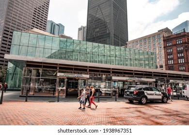 Boston, Massachusetts, USA - July 11, 2019 : The Government Center Transit Station Downtown, MBTA Green Line In Boston MA USA.