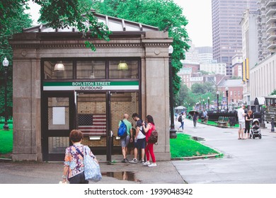 Boston, Massachusetts, USA - July 11, 2019 : Boylston Street Outbound Green Line Subway Train Station In Boston, USA.