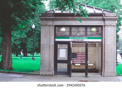 Boston, Massachusetts, USA - July 11, 2019 : Boylston Street Outbound Green Line Subway Train Station In Boston, USA.