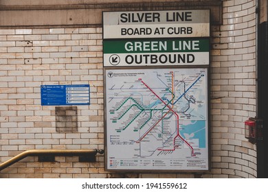 Boston, Massachusetts, USA - July 11, 2019 : Silver Line Board At Curb Green Line Outbound In Boston, USA.