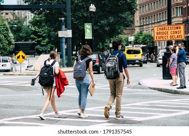 Boston, Massachusetts, USA - July 15, 2019 :People Walking To Cross The Road In The City At Boston, USA.