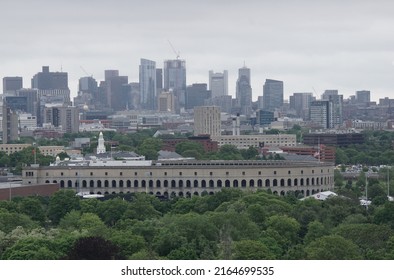 Boston, Massachusetts, USA - May 28, 2022: View of Harvard Stadium and the Boston skyline in the background