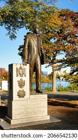 Boston Massachusetts USA - October 23, 2021:  Statue of Boston mayor and state governor Maurice J. Tobin at Charles River Esplanade at sunrise.